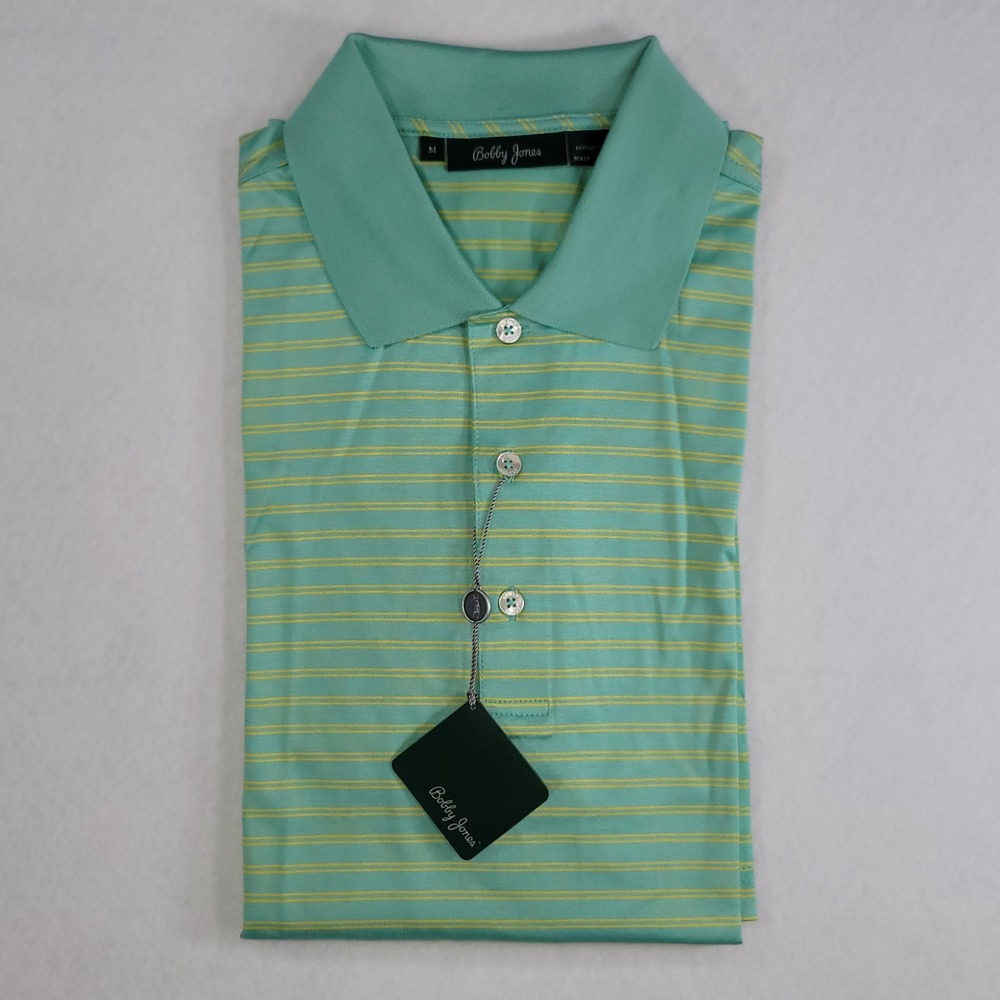 Bobby Jones Golf Polo Men Performance Aquamarine Yellow Striped Cotton Size M